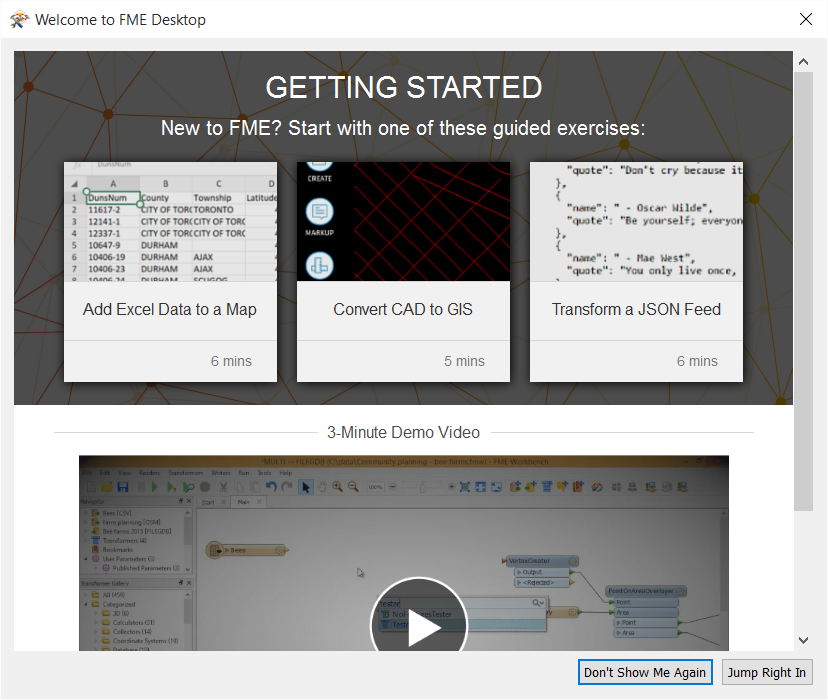 New start page in FME Workbench with introductory tutorials.