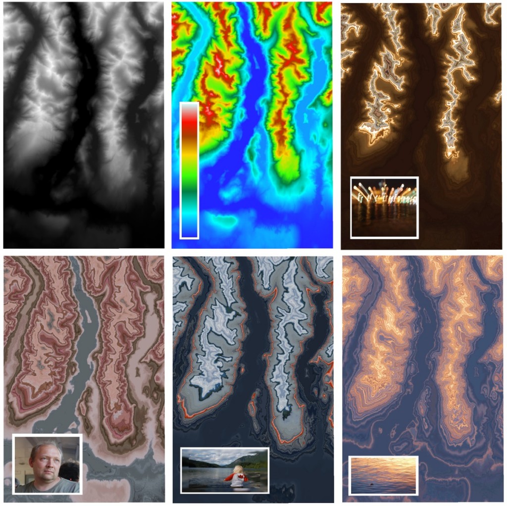 Original raster (top left) and several outputs using various images as a color ramp.