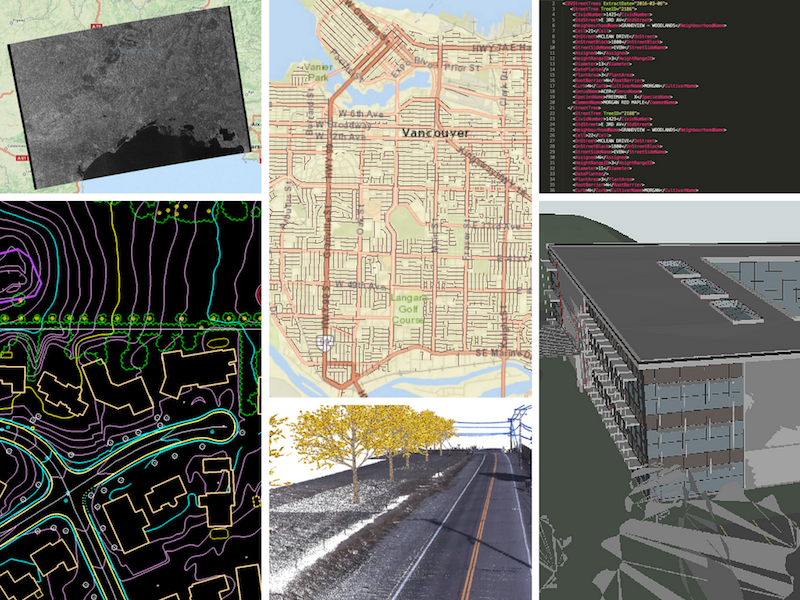 Examples of data sources you can integrate. Clockwise from top left: satellite imagery (rasters), GIS, XML, BIM, LiDAR point clouds, CAD.