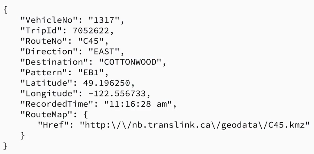 This JSON snippet of a real-time bus location from the TransLink API would do well in a NoSQL setup.