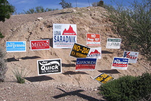 CC-BY-SA Campaign signs for the 2006 Arizona elections, including Tucson propositions and local candidates. Taken October 2006 by GURoadrunner