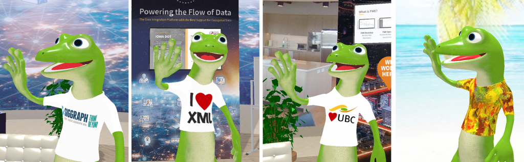 FME lizard mascot in safe software virtual conference booth