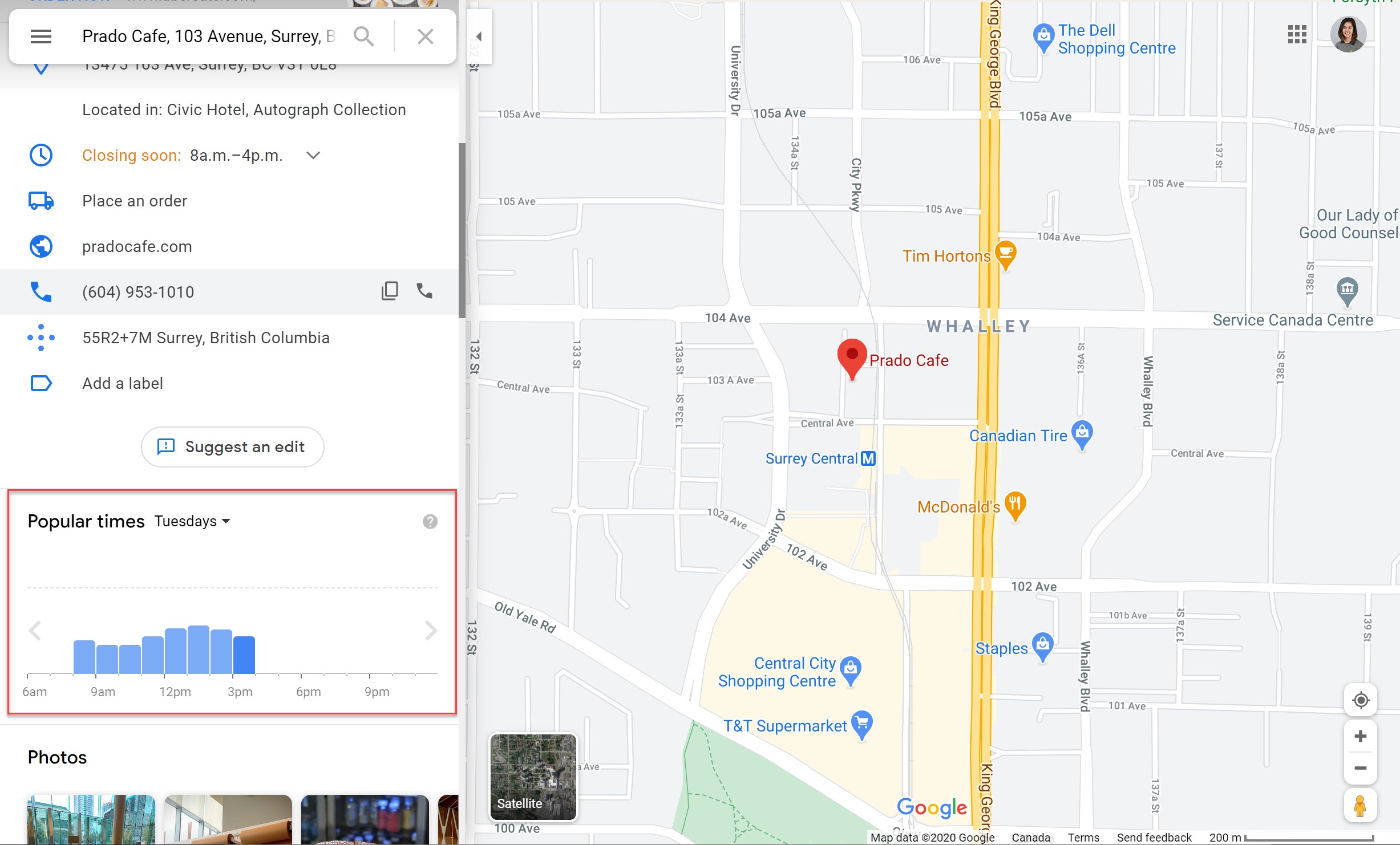 google map to prado cafe in surrey 