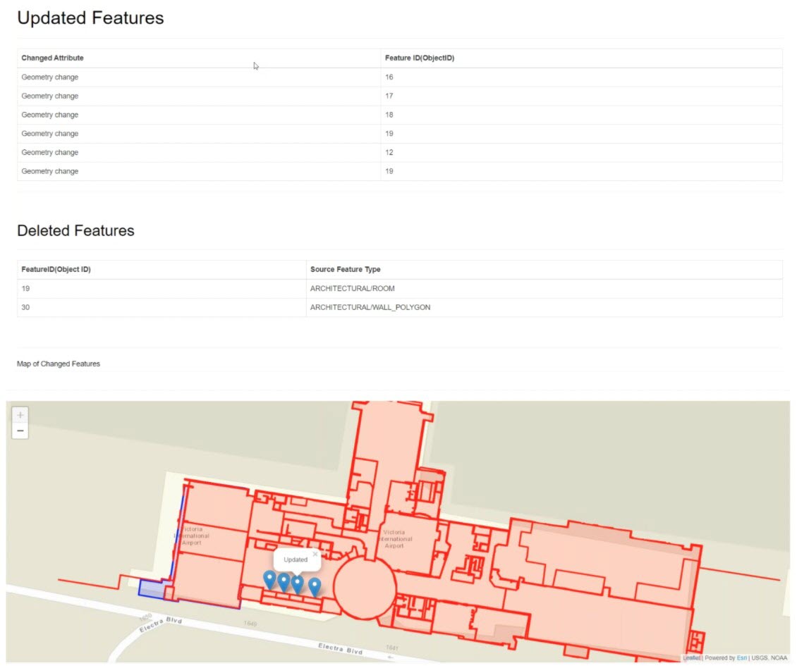 An HTML report listing what has changed in a floor plan dataset, with a map overlaying old and new geometries produced by change data capture
