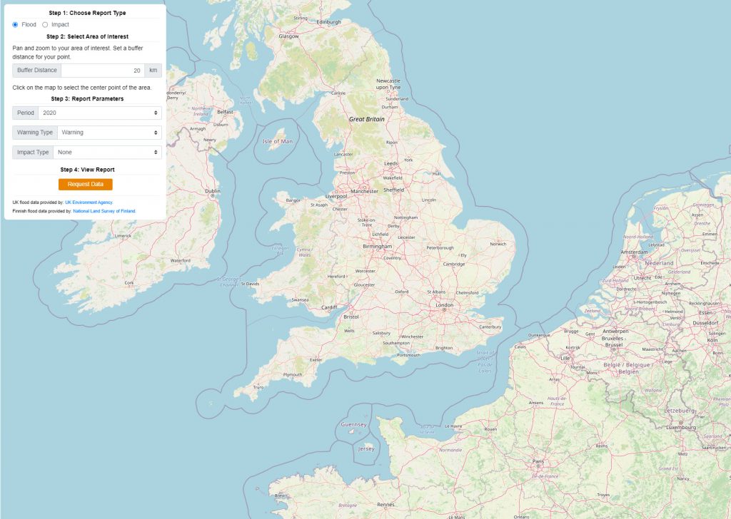 Screenshot shows the Flood Warning Assistant using FME to demonstrate how INSPIRE data can be used to inform and educate.