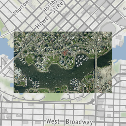 georeferenced raster orthoimage of the False Creek area in Vancouver against a background map