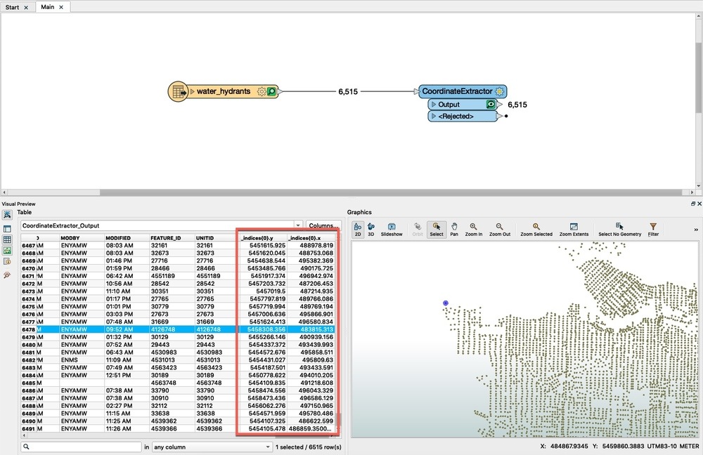 FME Workbench shows a workflow that uses the CoordinateExtractor, with attributes containing coordinates on the left, and their respective point geometry on the right for data wrangling