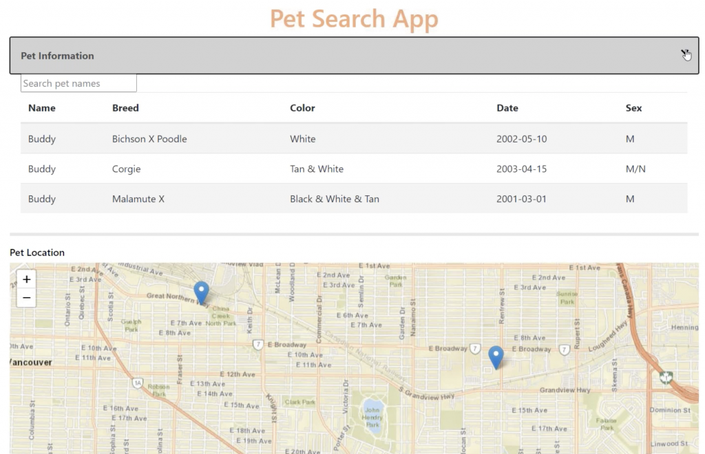 created an FME Server Web App to allow people to search the dataset for a specific pet name, and get back a table and web map for data wrangling