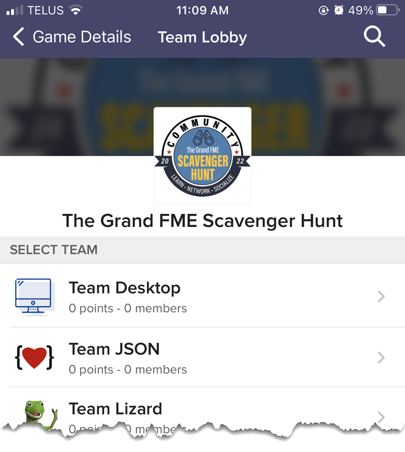 team lobby for scavenger hunt
