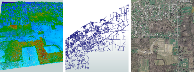 An example of different data formats covering the same area: point cloud (left), Shapefile (middle), raster (right).