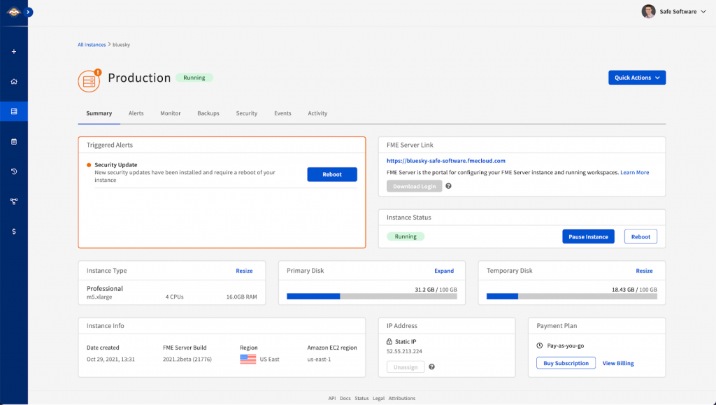 Screen capture of the instance overview page. The instance overview page is one of many new FME Cloud features that will help people master data management on cloud.