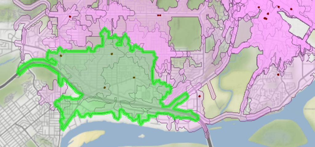 a map that shows how the ArcGISOnlineServiceAreaCalculator FME hub custom transformer works