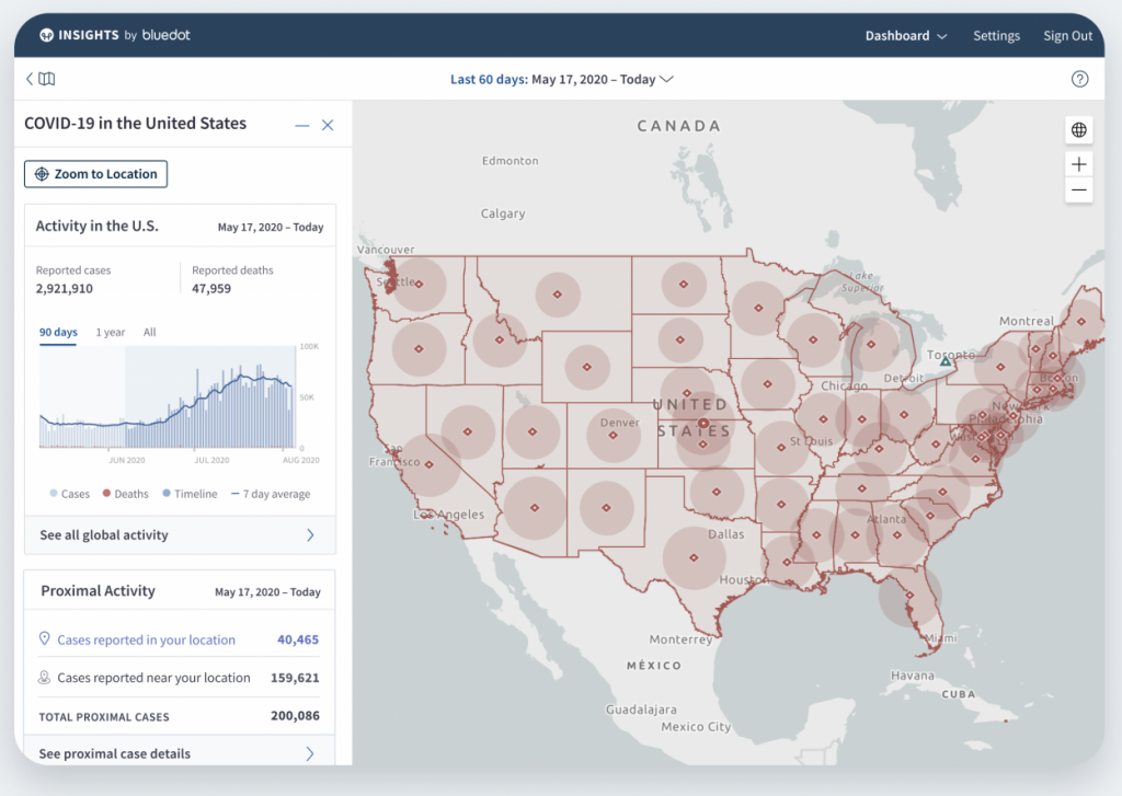 Dashboard showcasing a map of reported Covid-19 cases across the United States of America. 