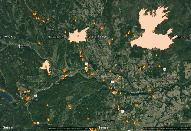 Google Earth Satellite image of BC Wildfire Service map 