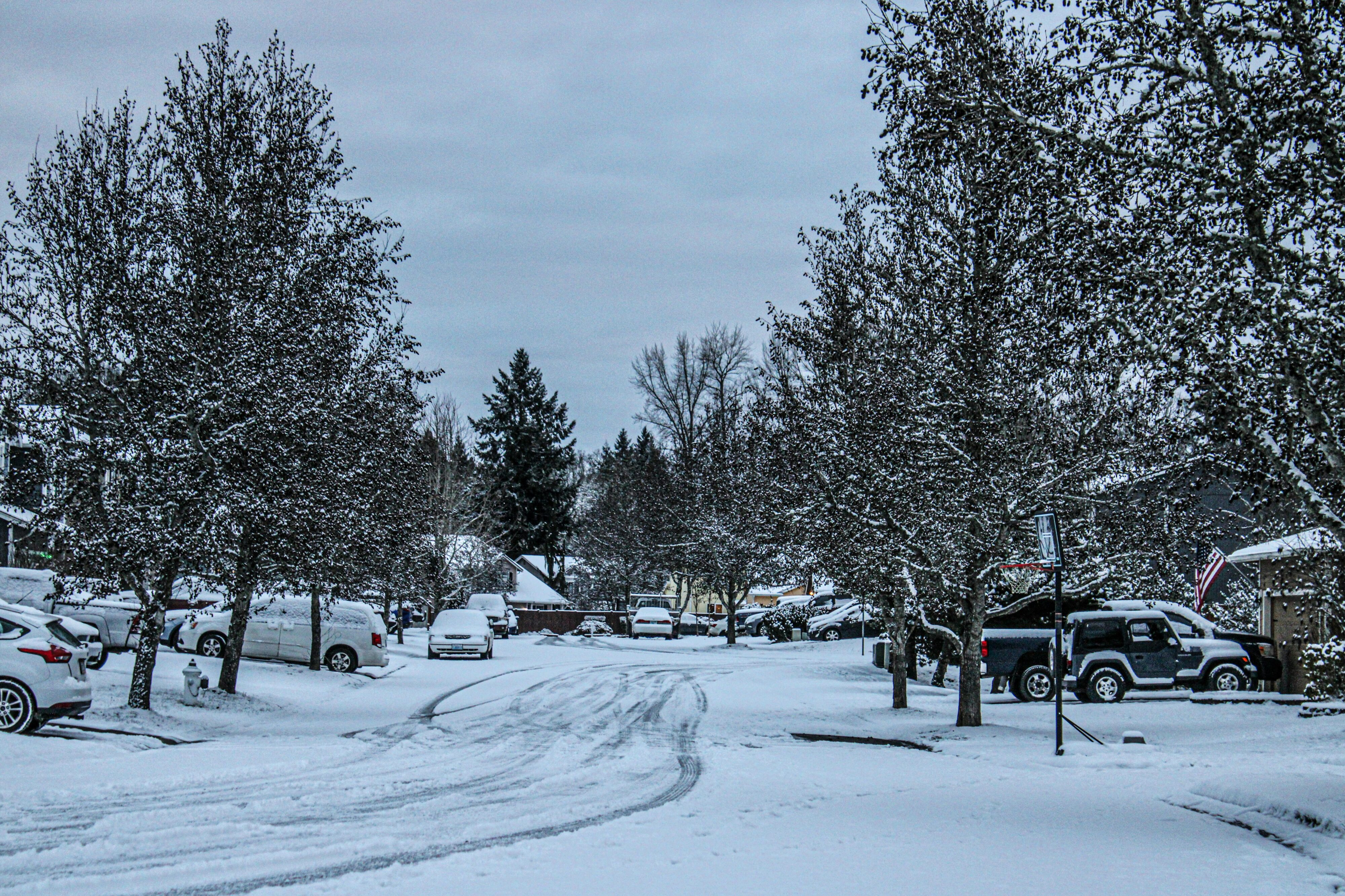 Snow-filled streets in a residential neighbourhood