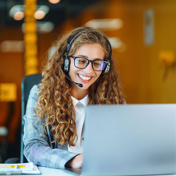 Happy customer support woman headphones