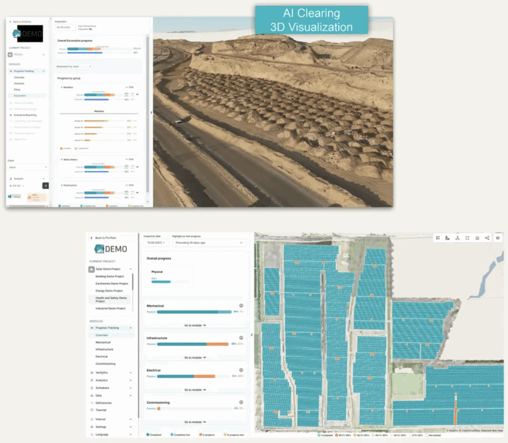 AI Clearing user interfaces showing a 3D visualization and a dashboard.